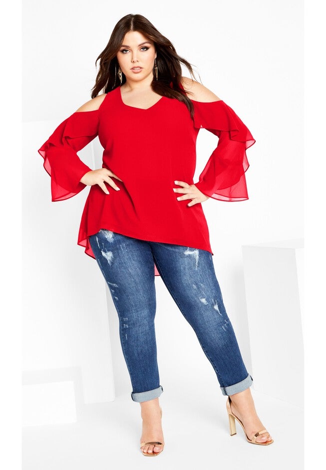 Hi Lo Cold Shoulder Top - love red, RED, on-hover image number null