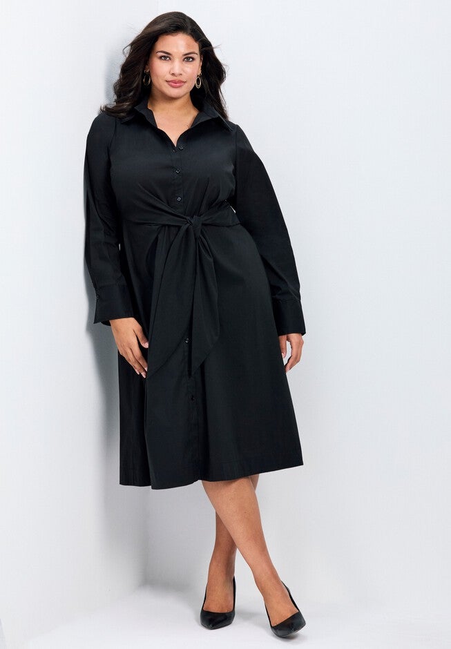 Bethany Pln Cotton Poplin Tie Front Shirtdress, BLACK, hi-res image number 0