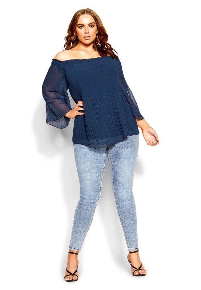 Pleated Off Shoulder Top - navy, BLUE, on-hover image number 1