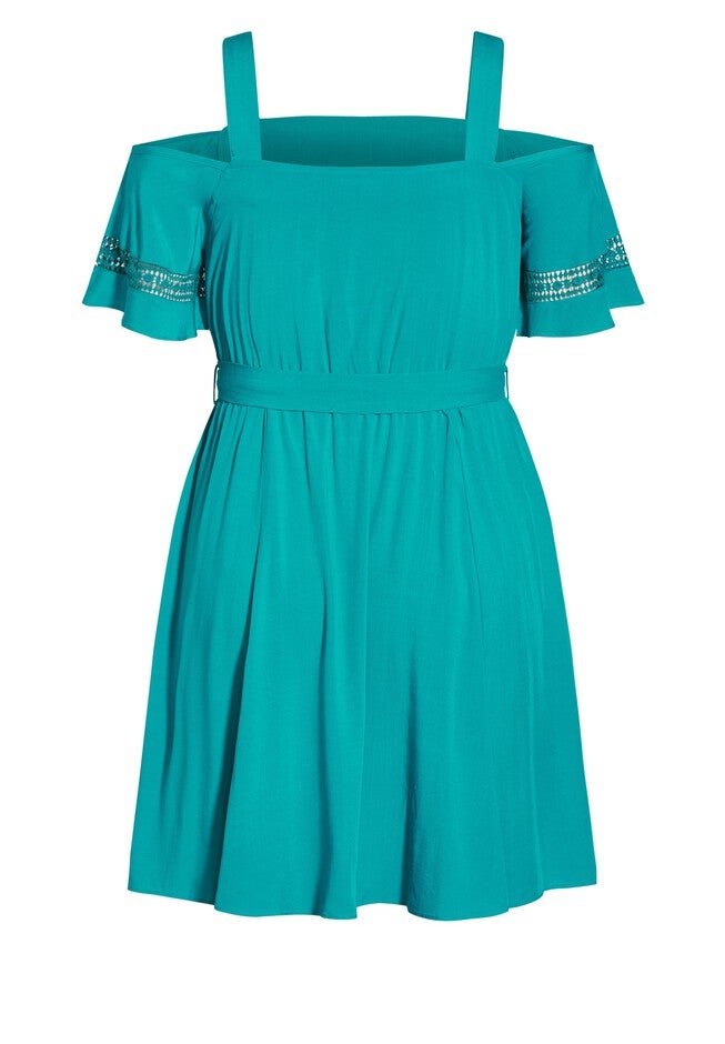 Trim Shoulder Dress - aqua, BLUE, alternate image number null