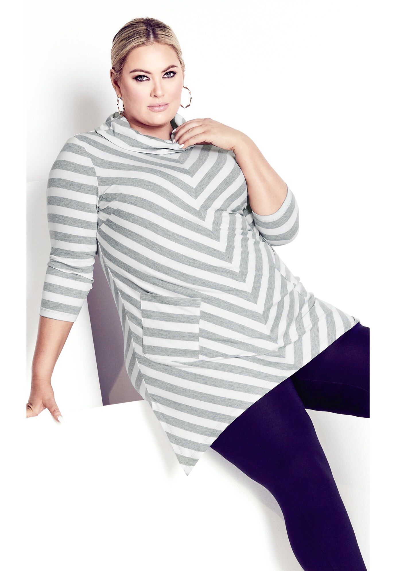 Emily Panel Stripe Tunic, IVORY CHARCOAL MARLE, hi-res image number 0