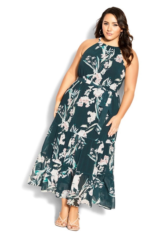 Halter Love Print Maxi Dress - emerald, GREEN, on-hover image number 1