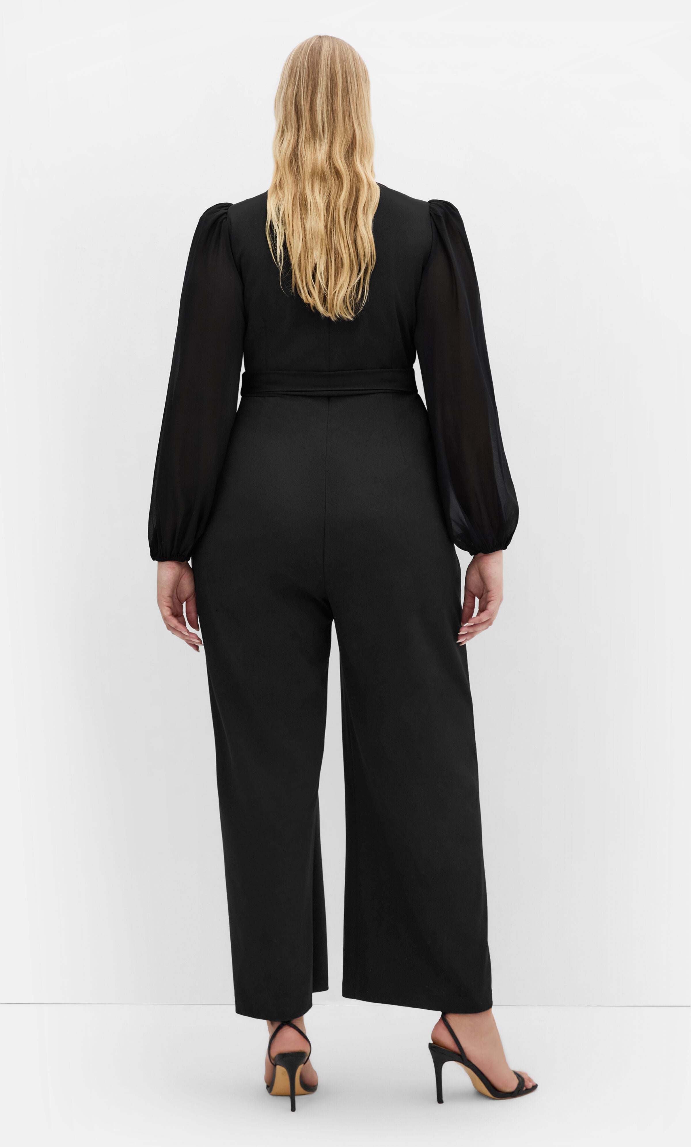 Sheer Sleeve Wide Leg Jumpsuit  - black, BLACK, alternate image number 2