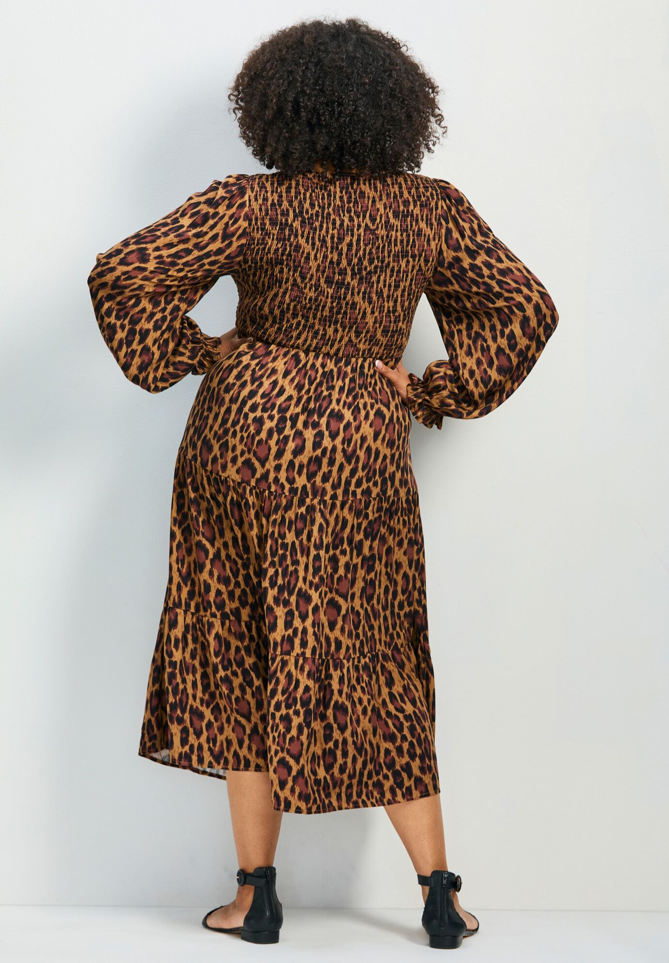 Indi Puff Sleeve Shirred Dress, LEOPARD, on-hover image number 1