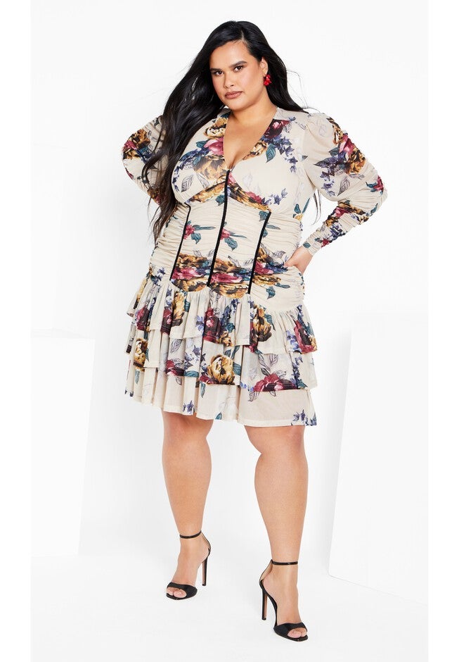 Mesh Ruche Print Dress - cream, GREY, on-hover image number null