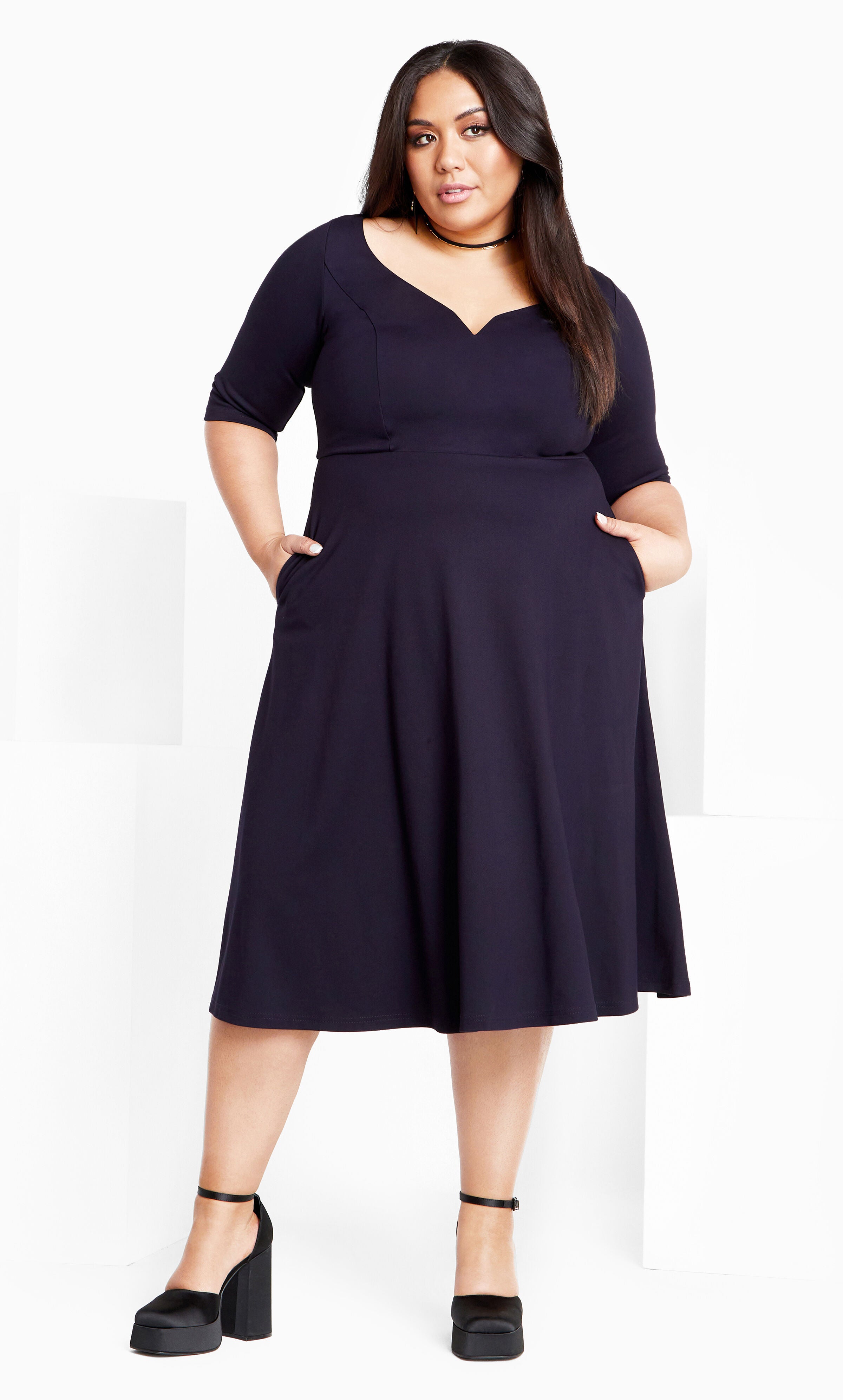 Cute Girl Elbow Sleeve Dress - navy, BLUE, alternate image number 3