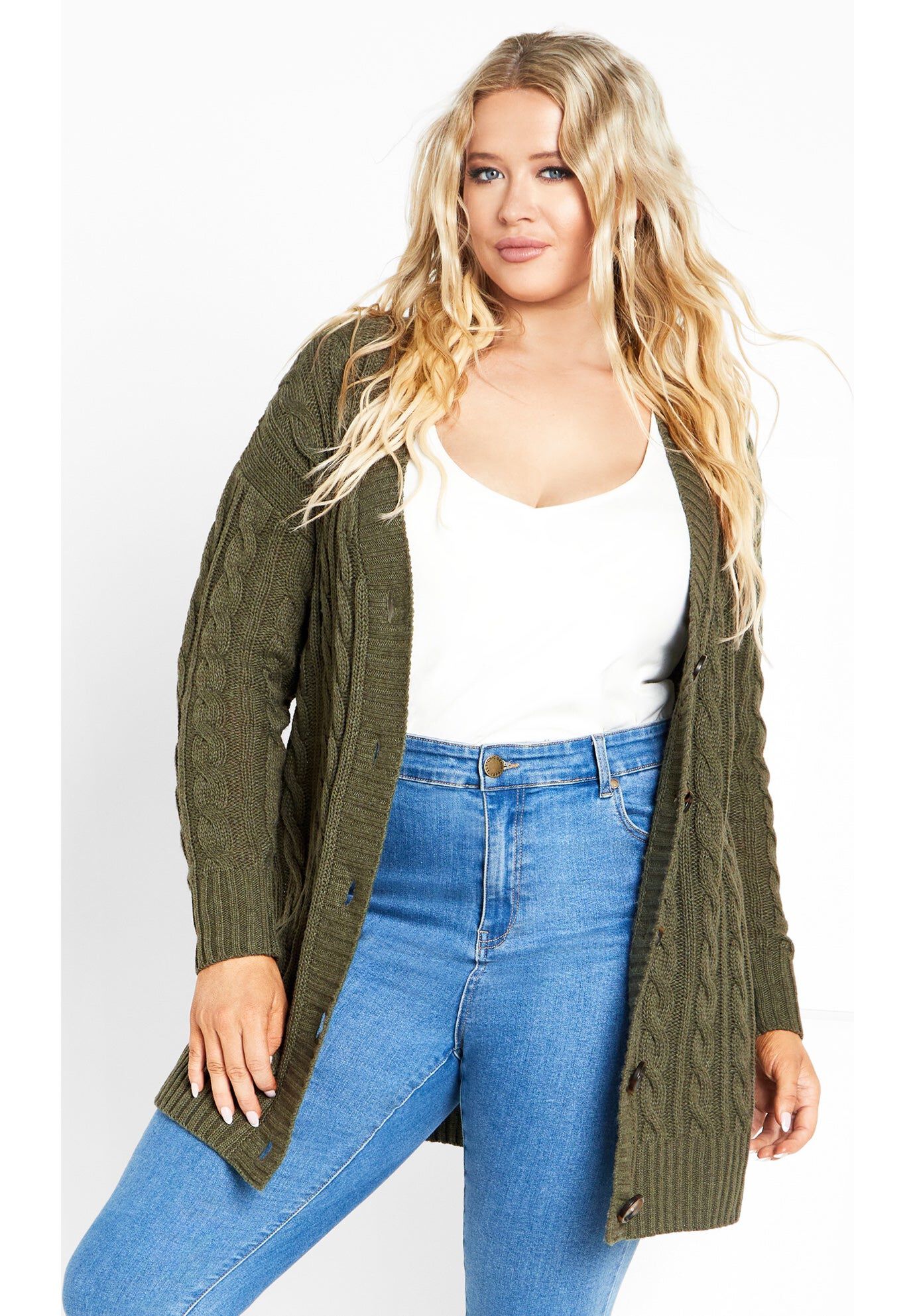 Cara Cable Knit V Neck Cardigan, OLIVE, hi-res image number 0