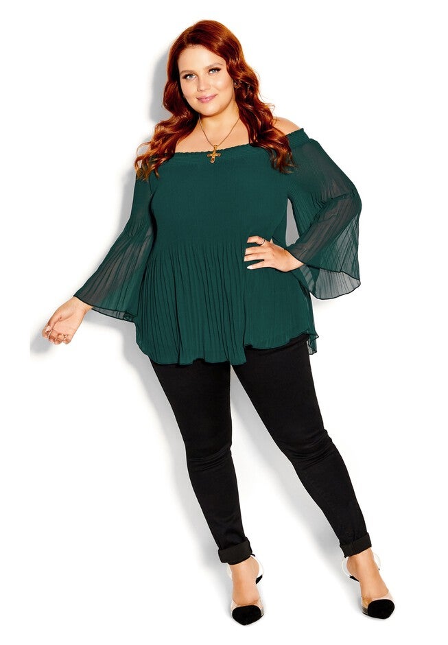 Pleated Off Shoulder Top - jade, GREEN, alternate image number 5