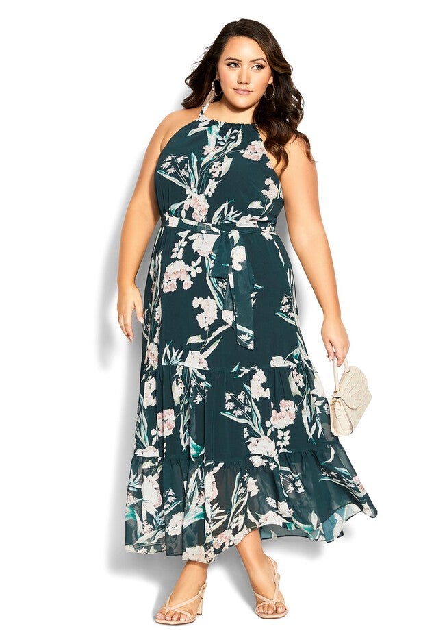 Halter Love Print Maxi Dress - emerald, GREEN, hi-res image number 0