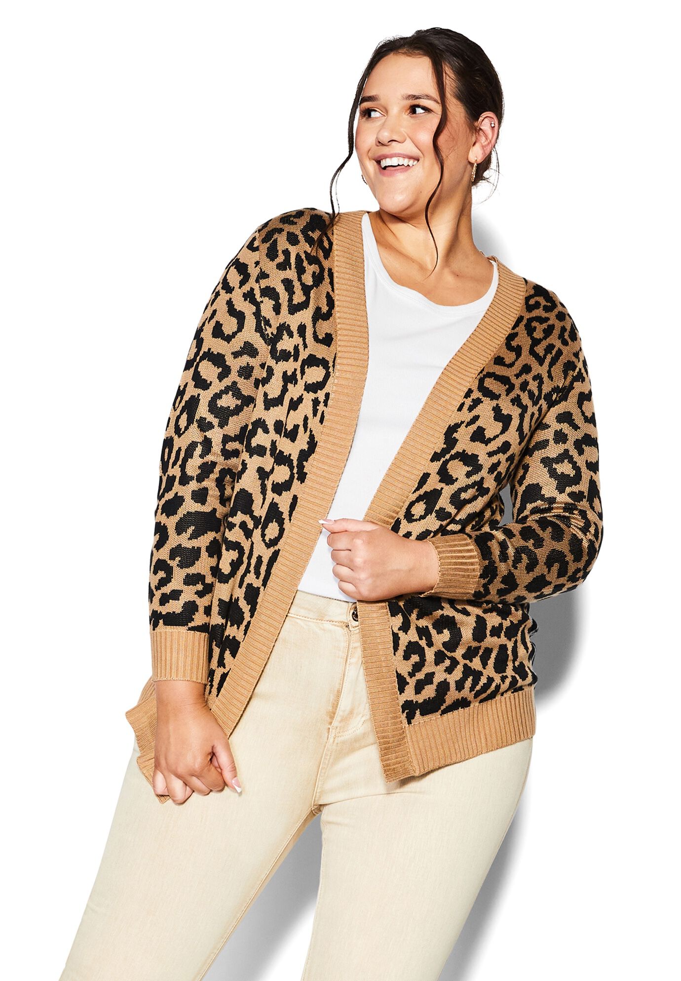 Longline Print Cardigan, TAN, alternate image number 2