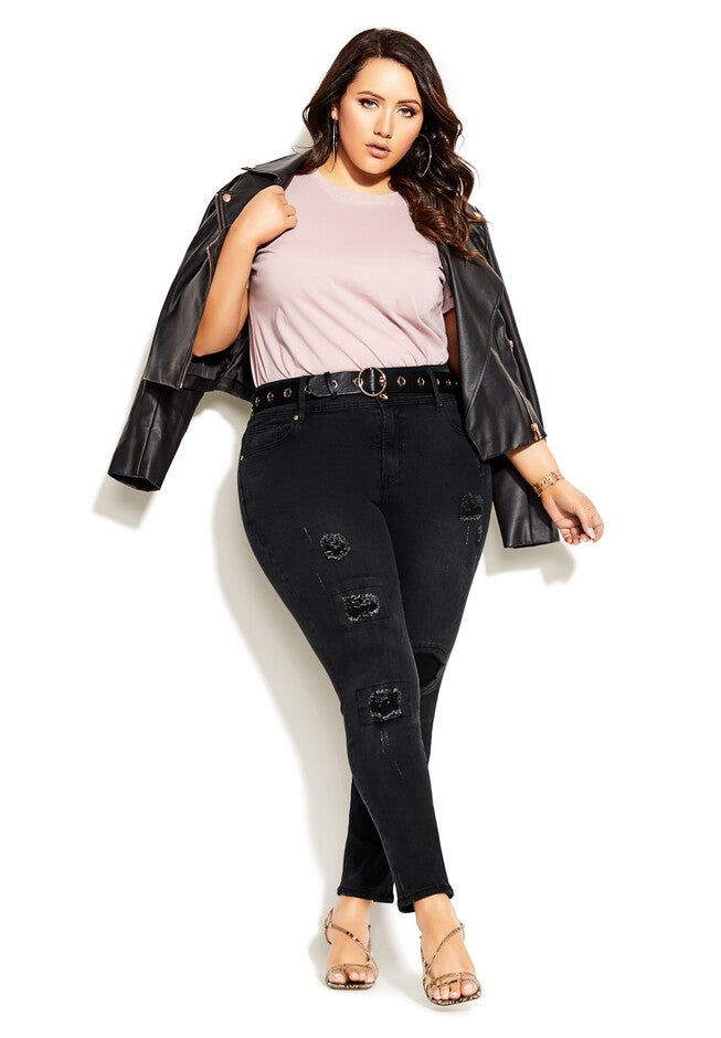 Asha Patched Apple Skinny Jean - black, BLACK, on-hover image number 1
