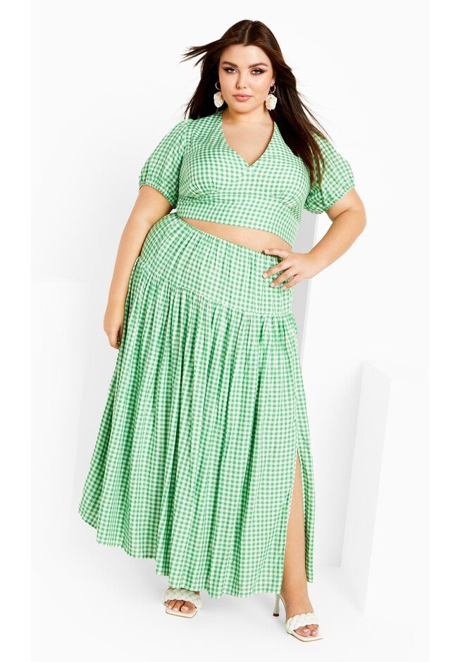 Amber Puff Sleeves Pleated Set - green gingham, GREEN, on-hover image number null
