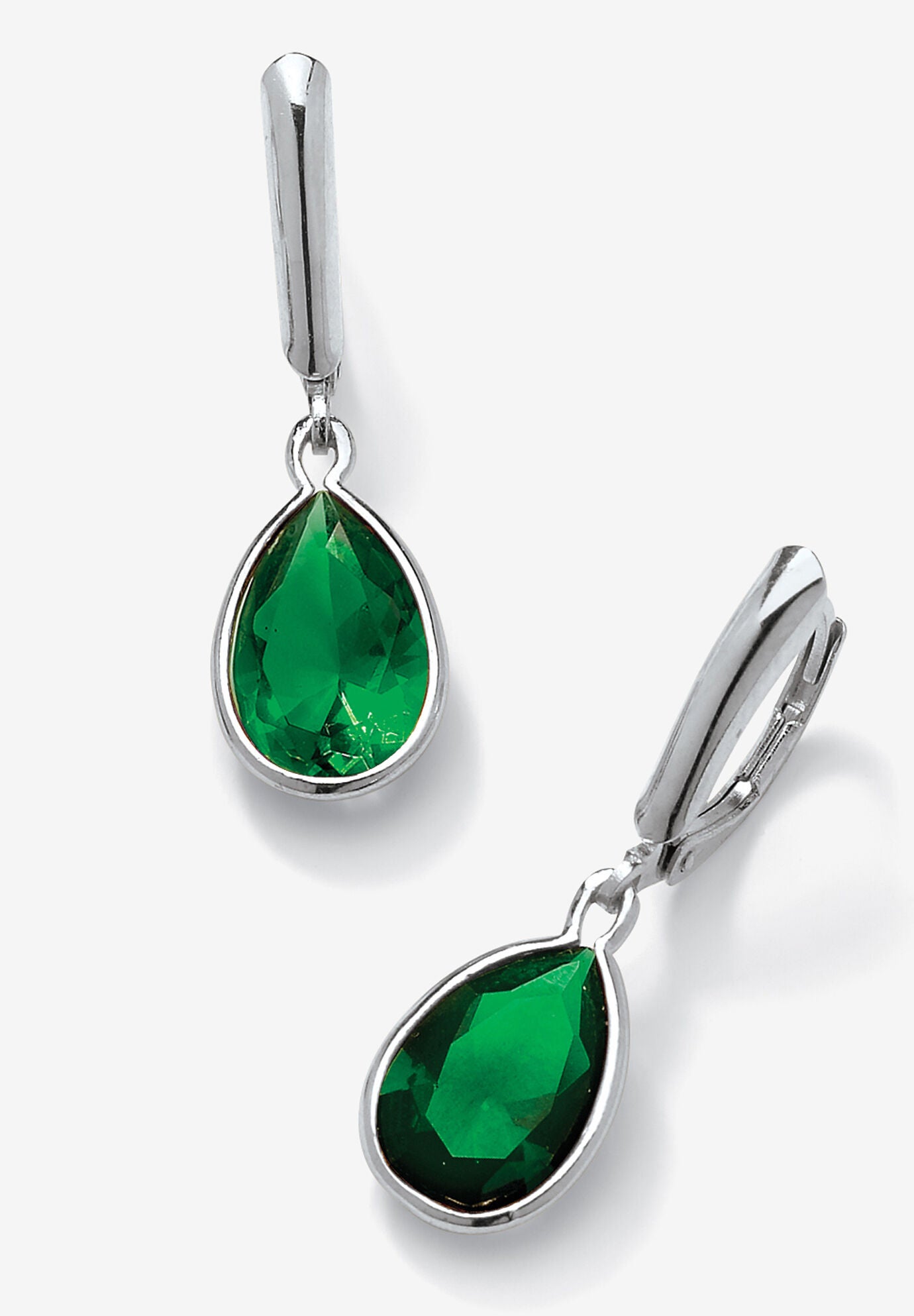 Sterling Silver Drop Earrings Pear Cut Simulated Birthstones, MAY, hi-res image number 0