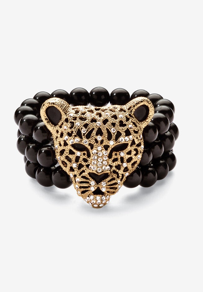 Goldtone Onyx Leopard Stretch Bracelet (42mm), Round Crystal, 8.5 inches, GOLD, hi-res image number null