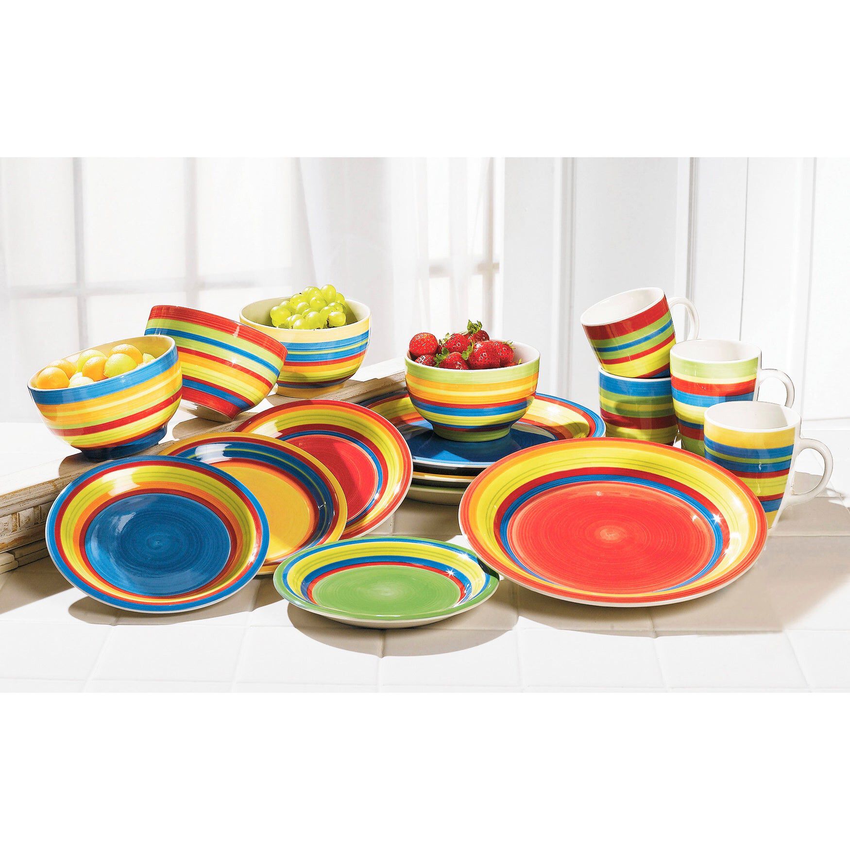 16-Pc. Santa Fe Hand-Painted Striped Stoneware Dinnerware Set