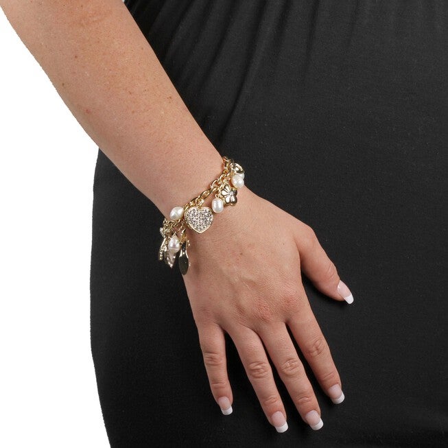 Gold Tone Charm Bracelet Crystal and Cultured Freshwater Pearl 8 inches, , alternate image number 2
