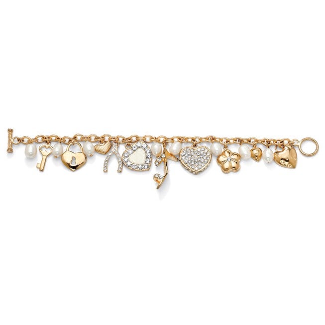 Gold Tone Charm Bracelet Crystal and Cultured Freshwater Pearl 8 inches, , alternate image number 3