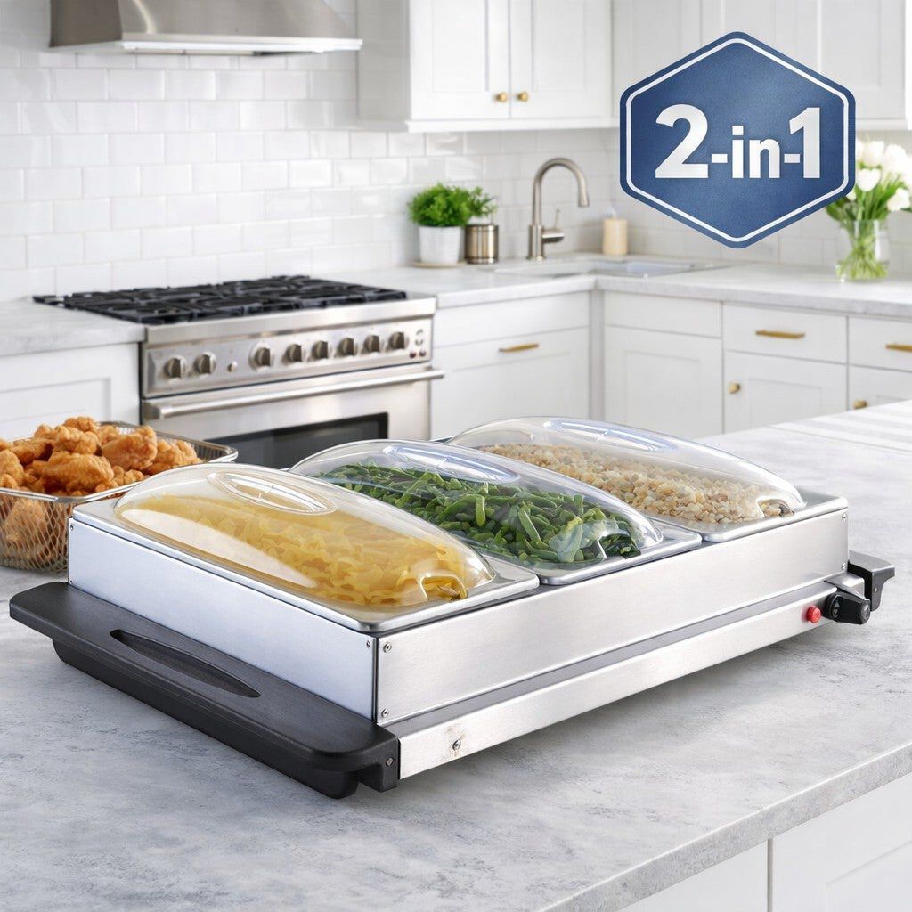 2-in-1 Triple Buffet Server & Warming Tray 