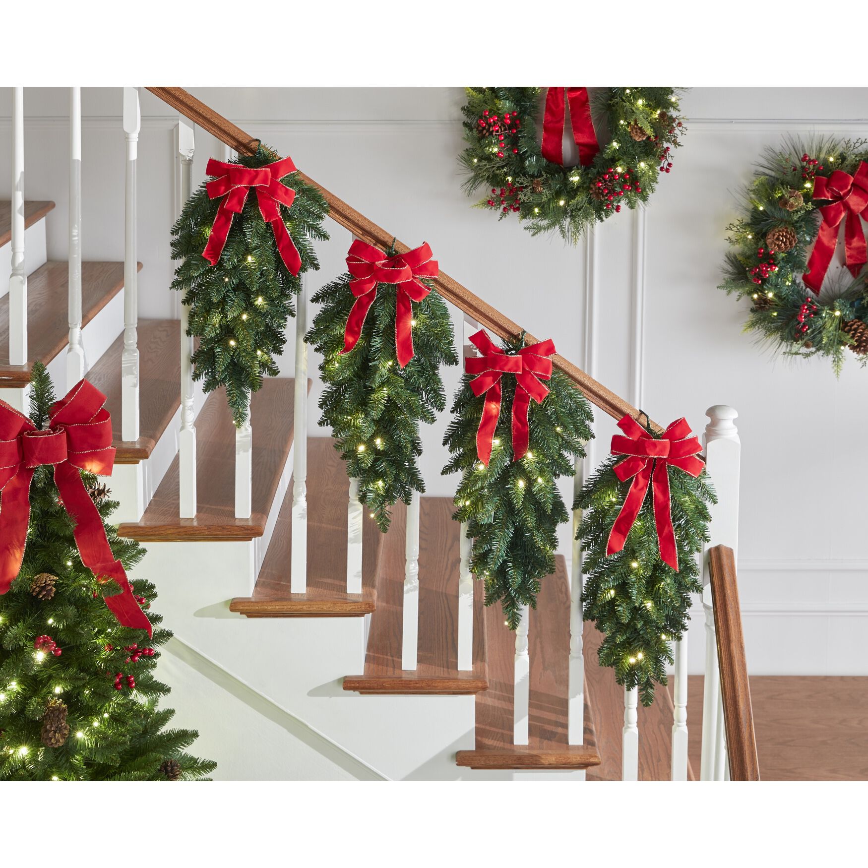 Pre-Lit Swags with Plaid Bows, set of 4