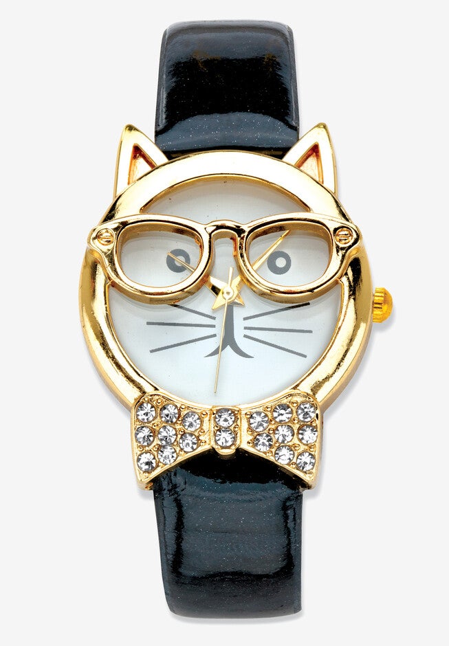 Gold Tone Bowtie Cat Watch with Adjustable Black Strap 8 inches, BLACK, hi-res image number 0