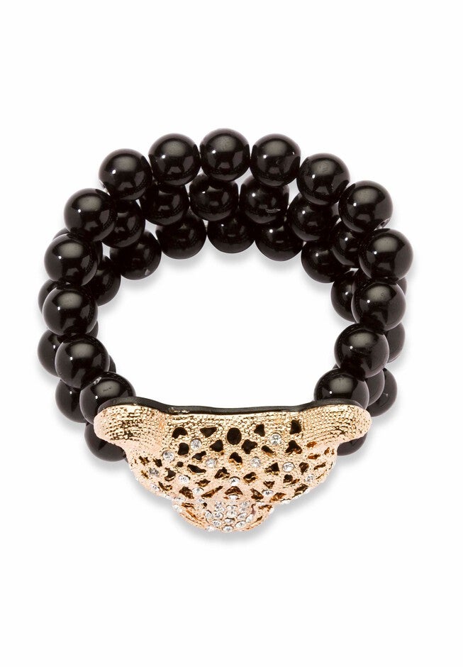 Goldtone Onyx Leopard Stretch Bracelet (42mm), Round Crystal, 8.5 inches, , on-hover image number null