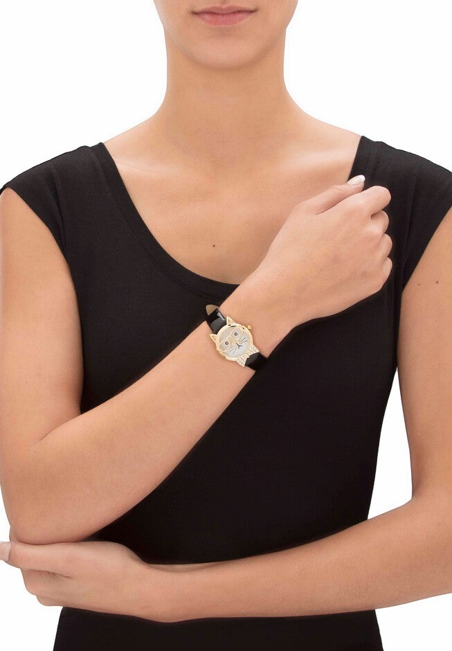 Gold Tone Bowtie Cat Watch with Adjustable Black Strap 8 inches, , on-hover image number 1