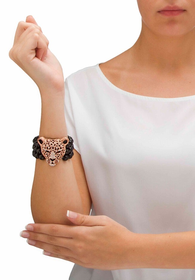 Goldtone Onyx Leopard Stretch Bracelet (42mm), Round Crystal, 8.5 inches, , alternate image number null