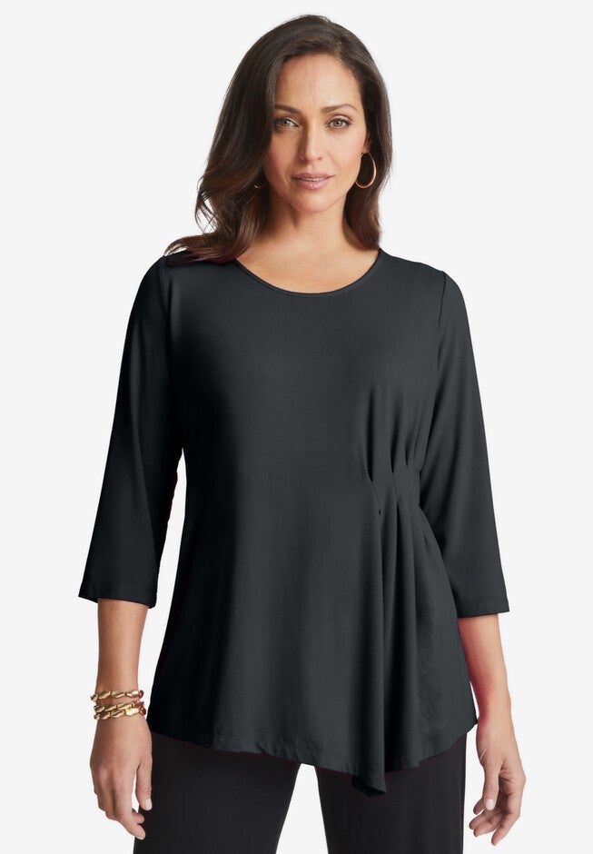 Stretch Knit Pleated Side Top, BLACK, hi-res image number null