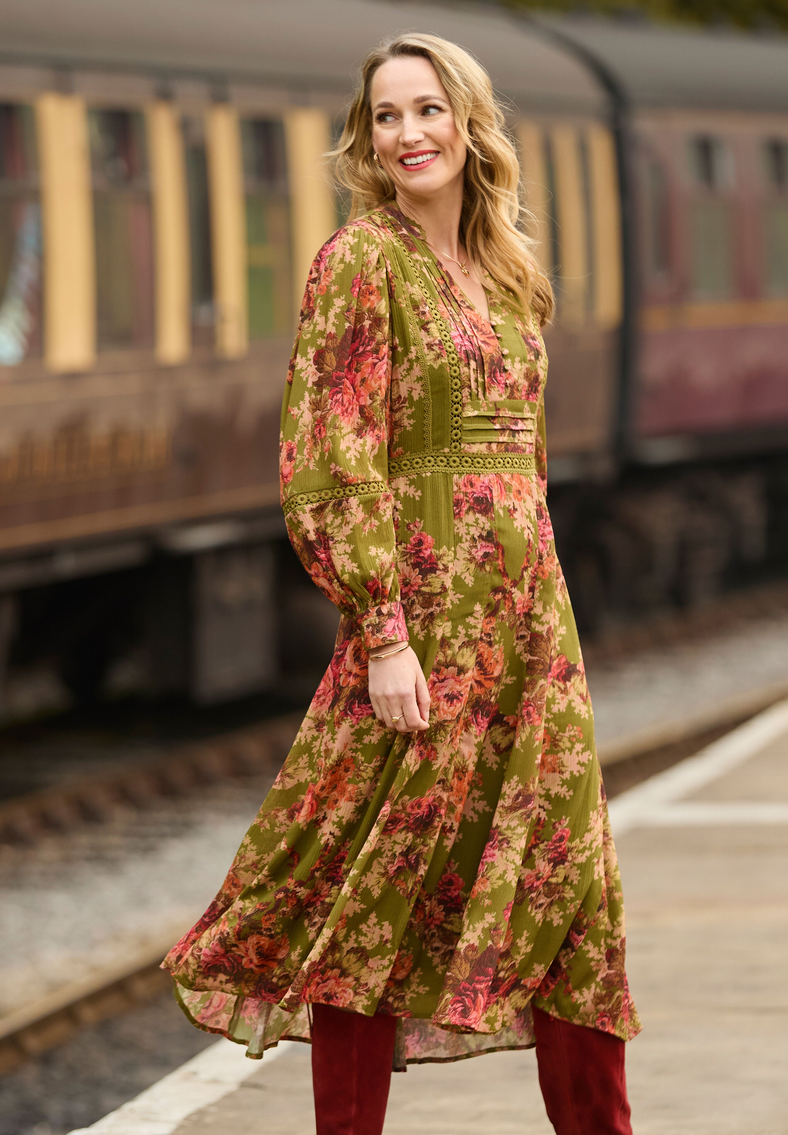 Autumn Peasant Maxi Dress, OLIVE BATIK BLOOM, alternate image number 6