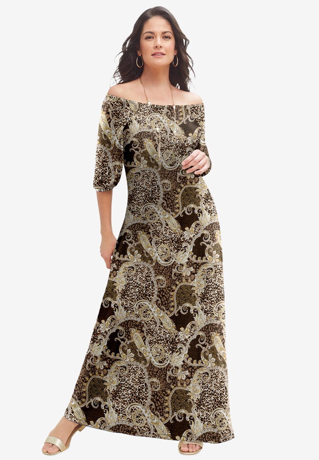 Stretch Knit Blouson Maxi Dress, BROWN PAISLEY ANIMAL, hi-res image number null