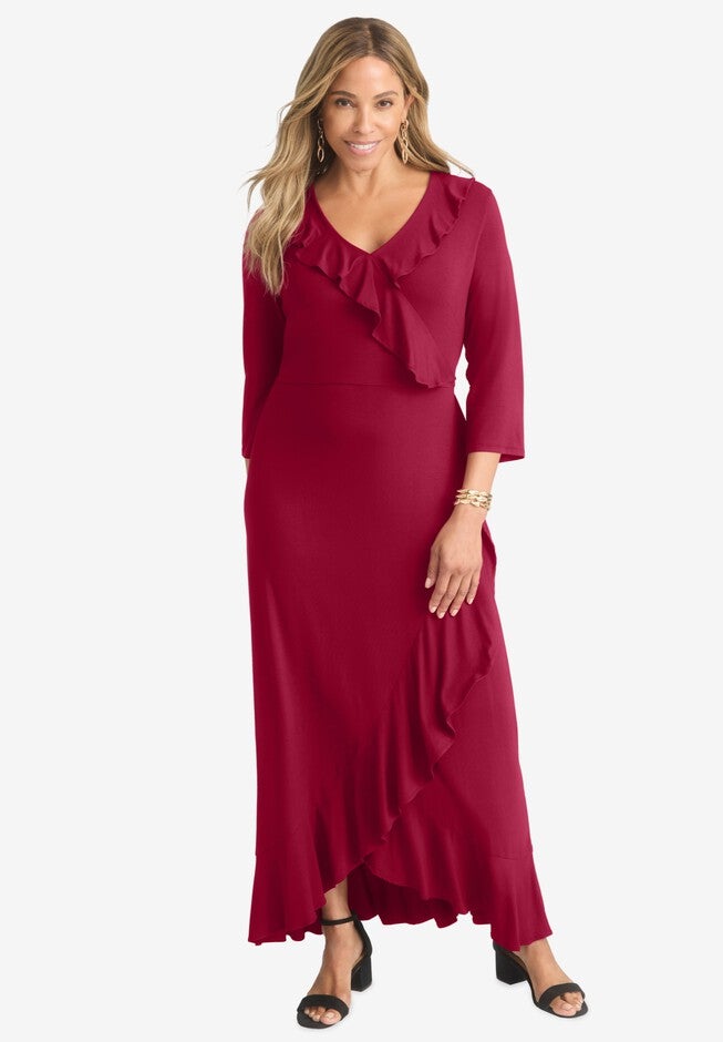 Ruffle Wrap Maxi Dress, RICH BURGUNDY, hi-res image number null
