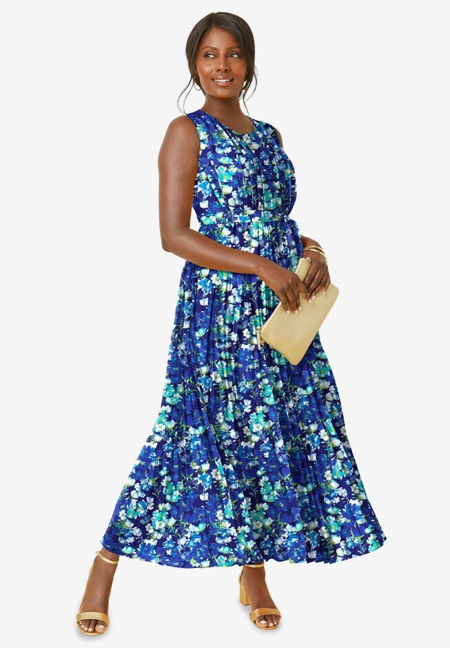 Pleated Maxi Dress, NAVY WATERCOLOR FLOWERS, hi-res image number 0