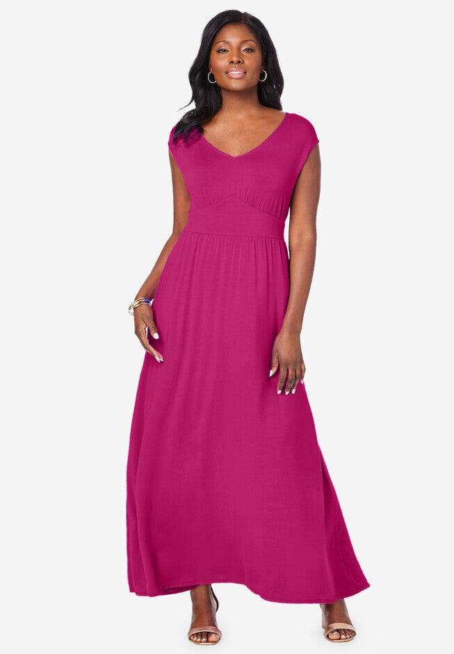 Stretch Knit V-Neck Maxi Dress, RASPBERRY, hi-res image number 0