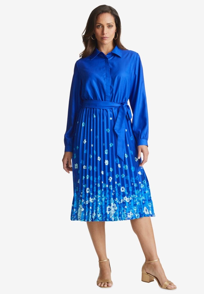 Pleated Midi Dress, SAPPHIRE BLOOM BORDER, hi-res image number null