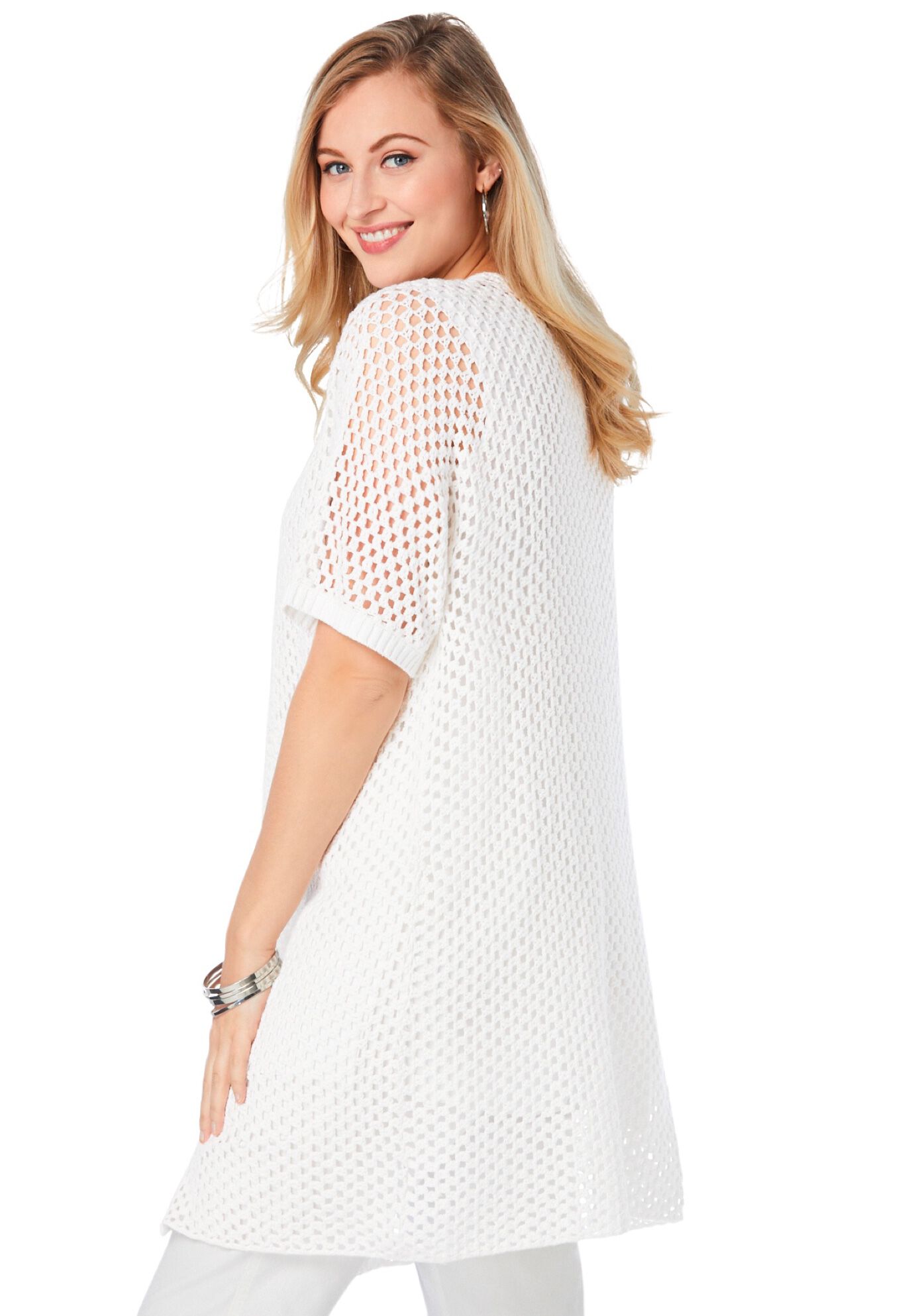 Crochet Long Cardigan, WHITE, alternate image number 2