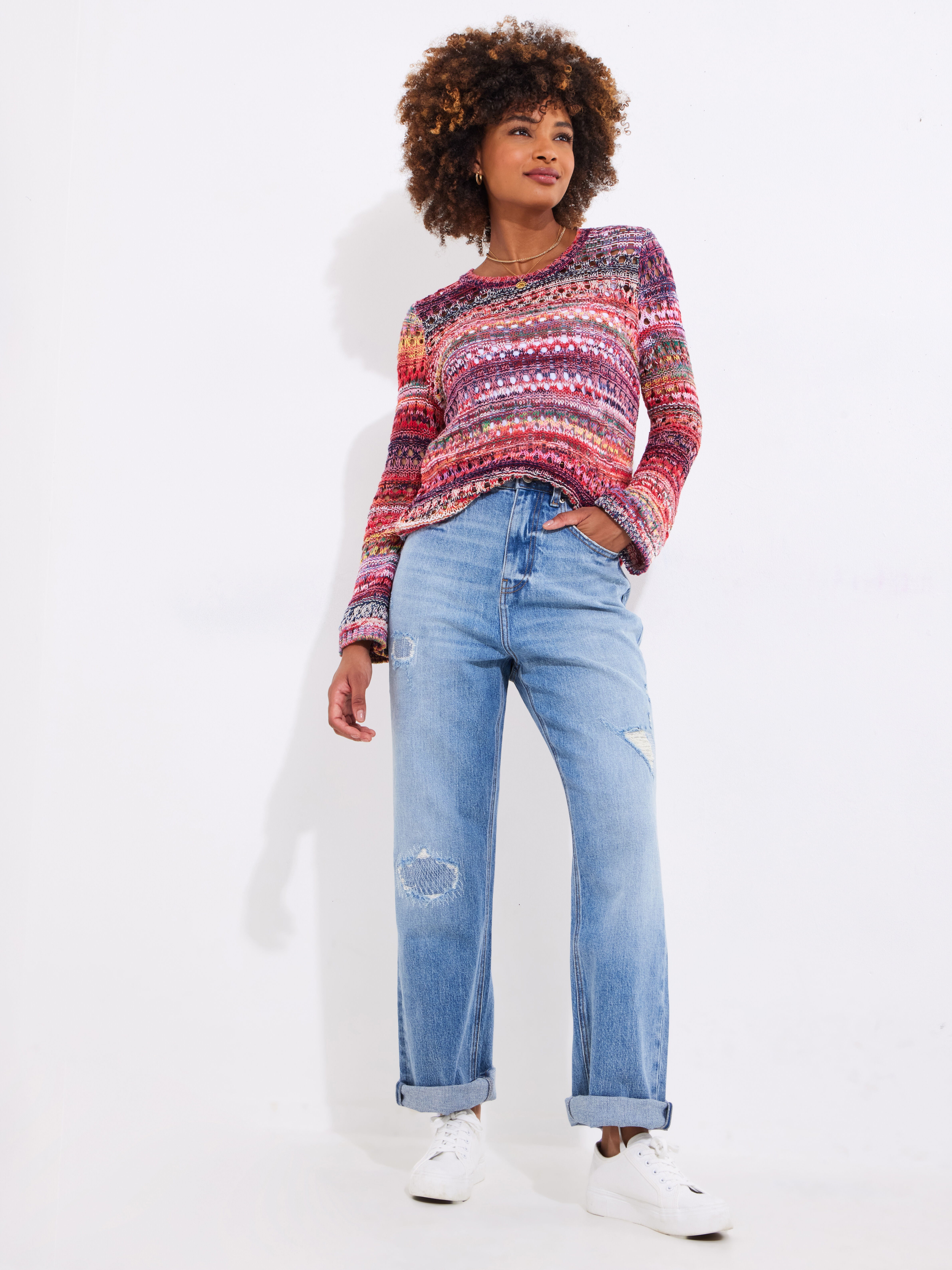 Long Sleeve Pointelle Sweater, MULTICOLOR STRIPE, on-hover image number 1