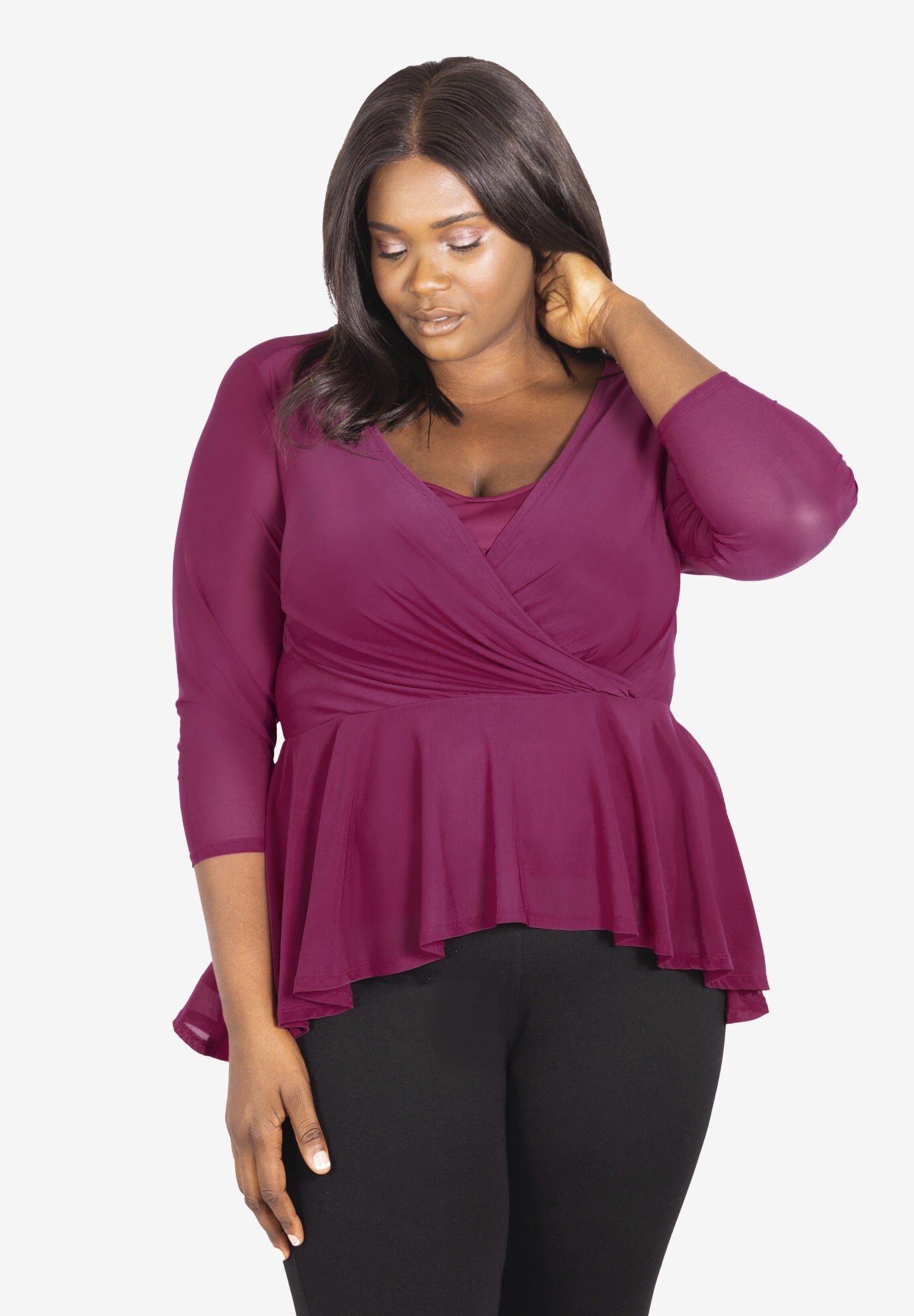 Three-Quarter Sleeve Mesh Top, FUCHSIA, hi-res image number 0
