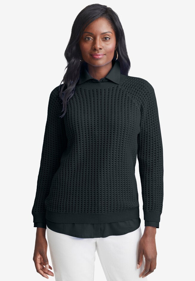 Pointelle Crewneck Sweater, BLACK, hi-res image number 0