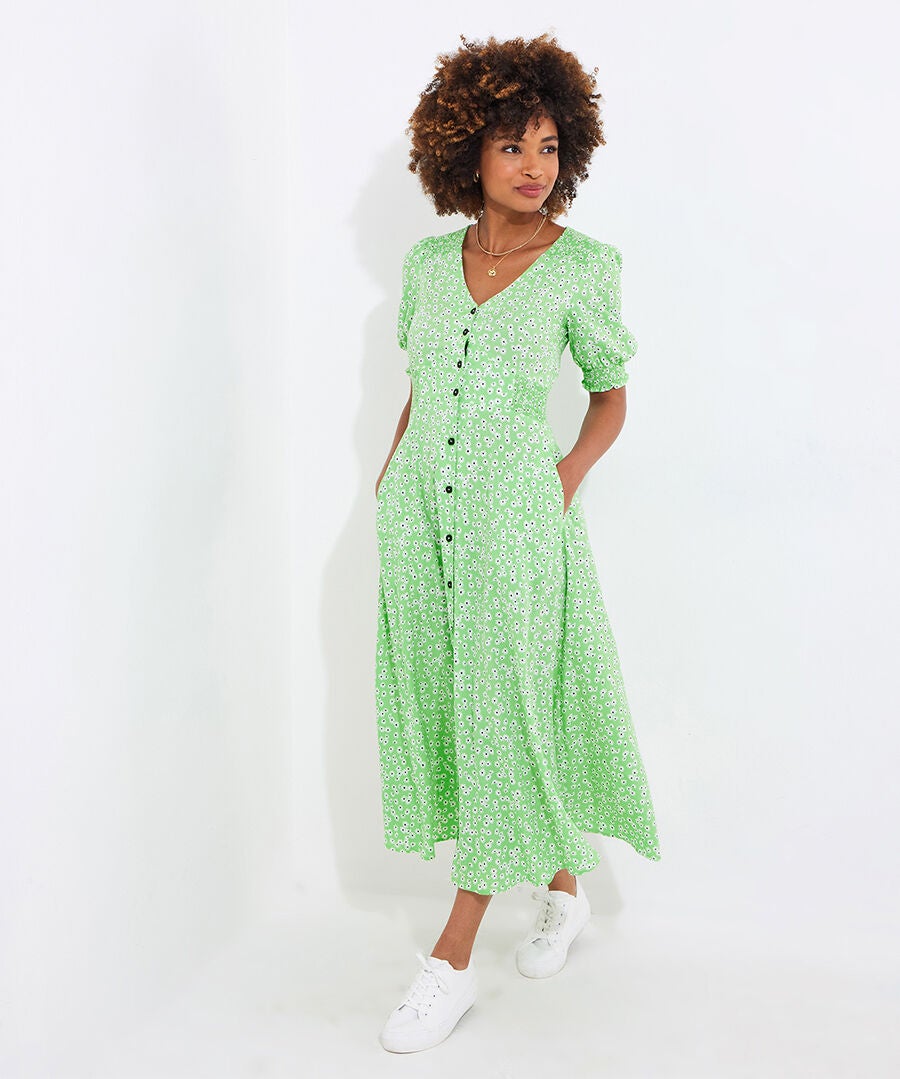 Puff Sleeve Midi Dress, GREEN DITSY DAISY, hi-res image number 0