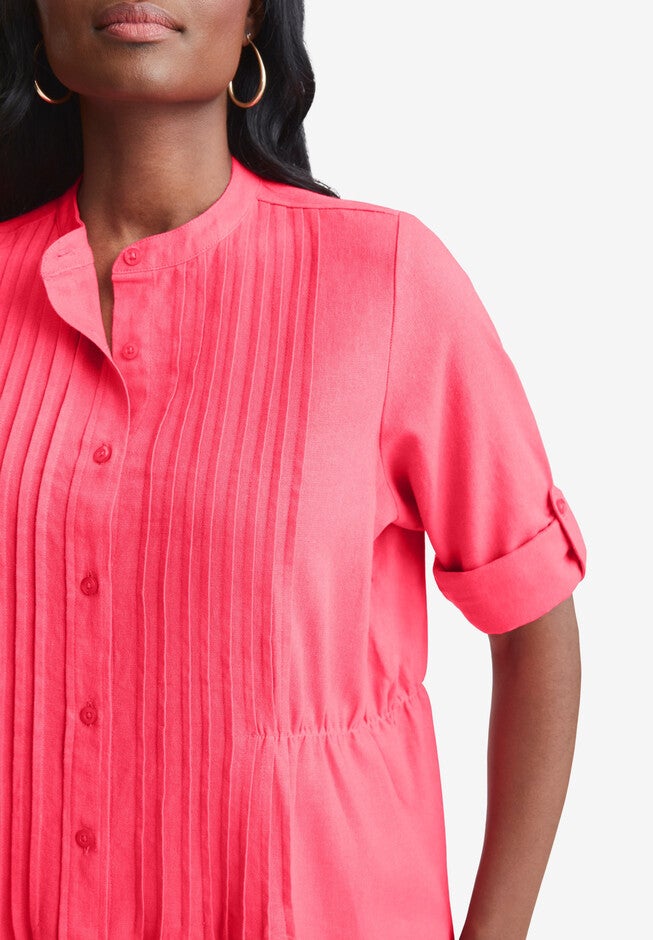 Linen Pintuck Button Front Blouse, , on-hover image number null