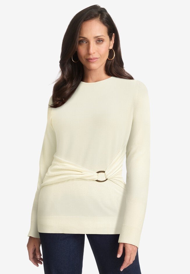 Shirred Waist Crewneck Sweater, IVORY, hi-res image number null