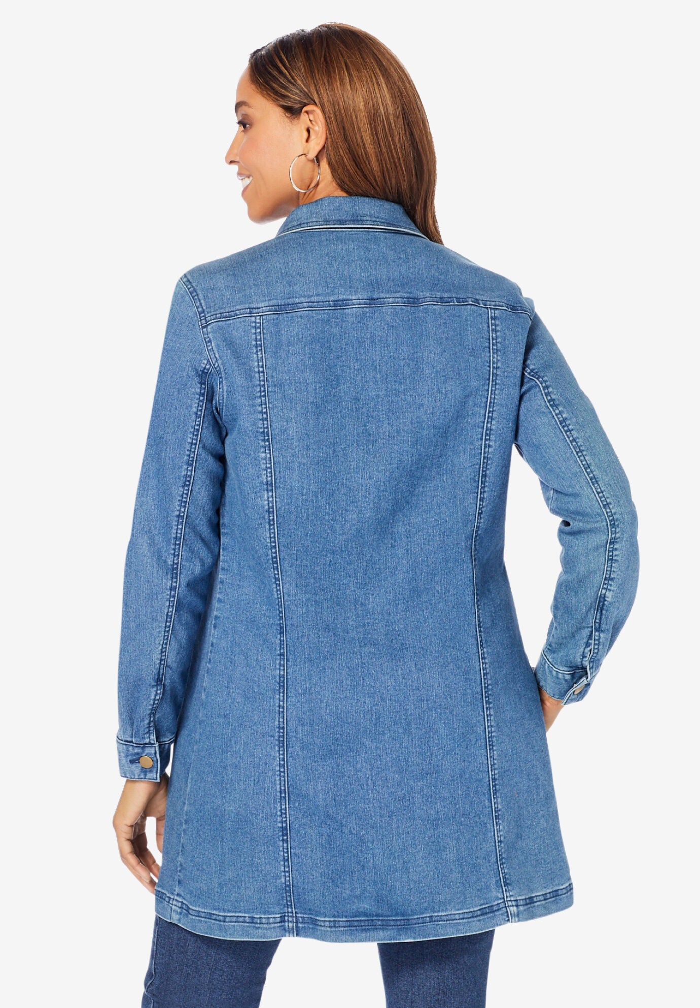 Long Denim Jacket, MEDIUM STONEWASH, on-hover image number 1