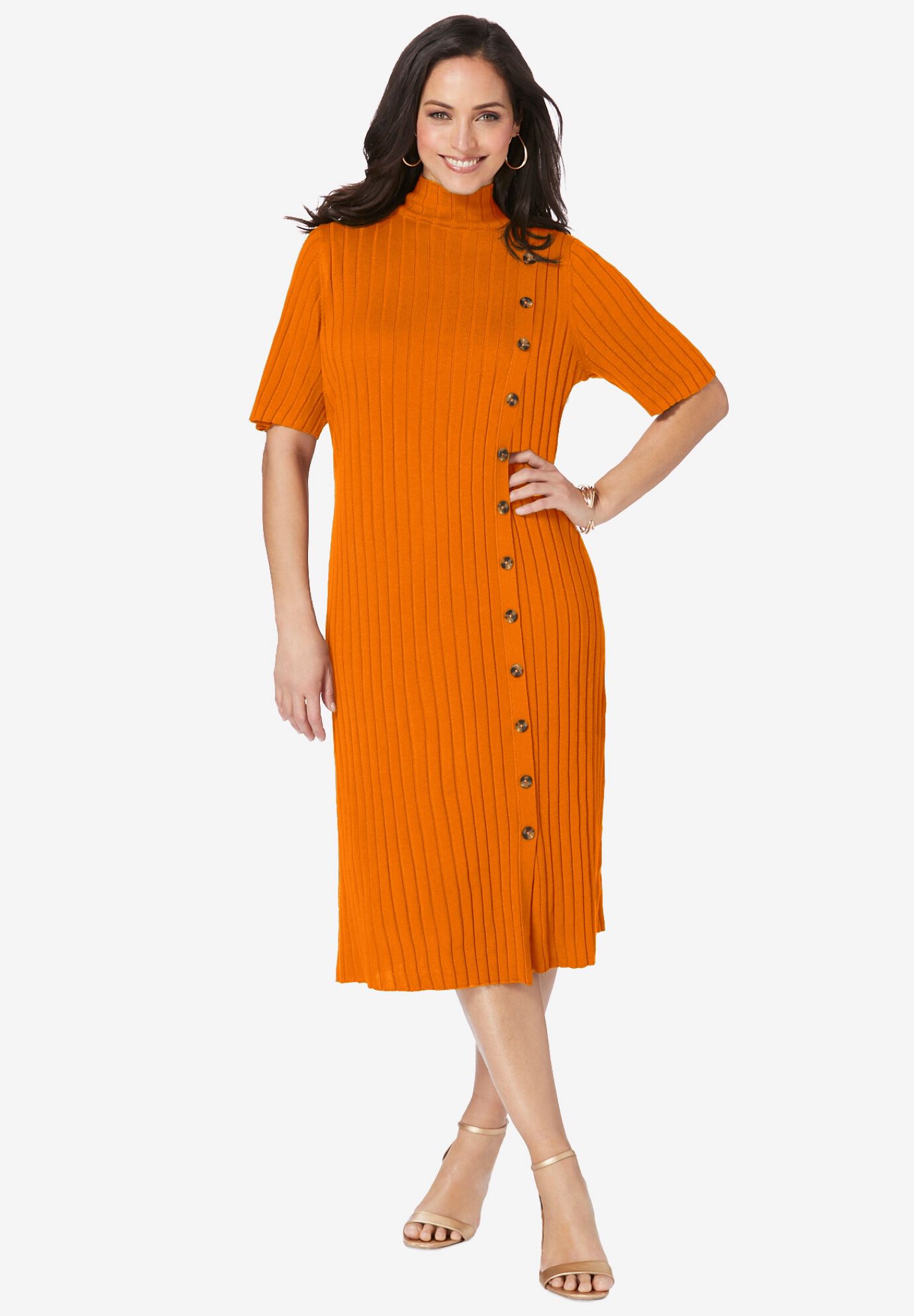 Dual Pockets Button Front Midi Sweater Dress