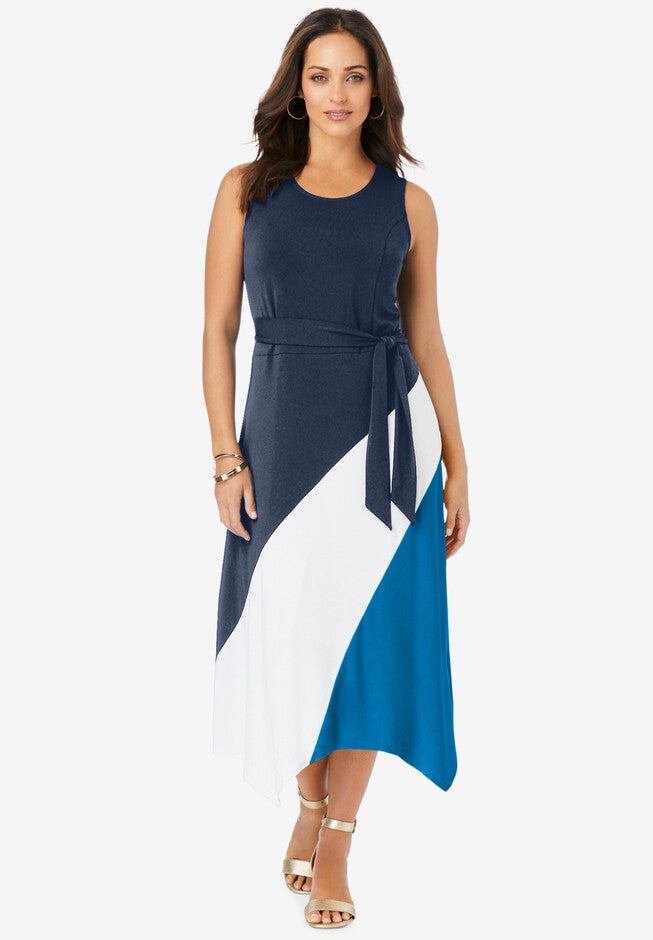 Stretch Knit Hanky Hem Midi Dress, NAVY POOL BLUE COLORBLOCK, hi-res image number null
