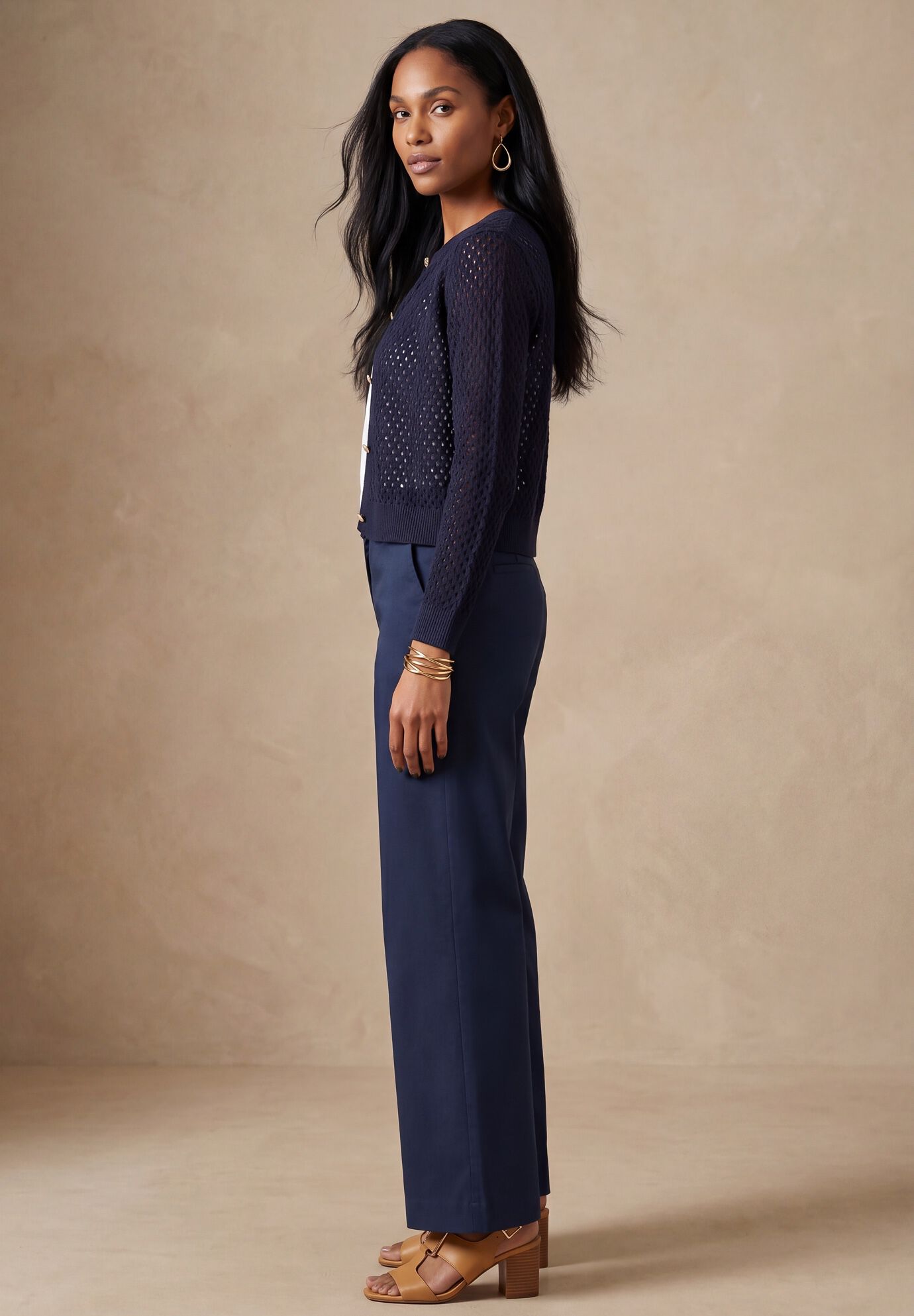 Pointelle Shrug Sweater, NAVY, alternate image number 2