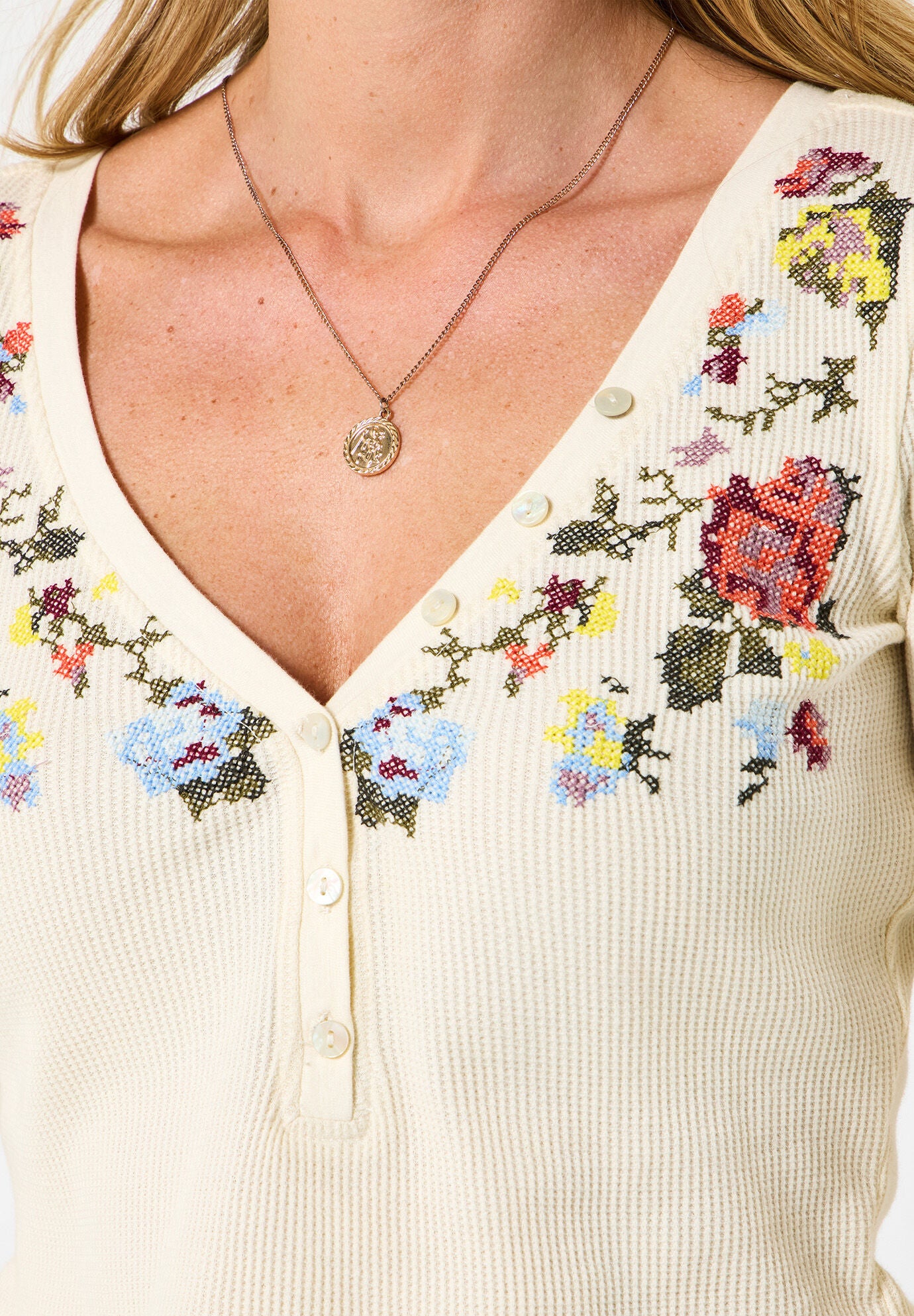 Stretch Cotton Henley Tee, CREAM FLORAL EMBROIDERY, alternate image number 2