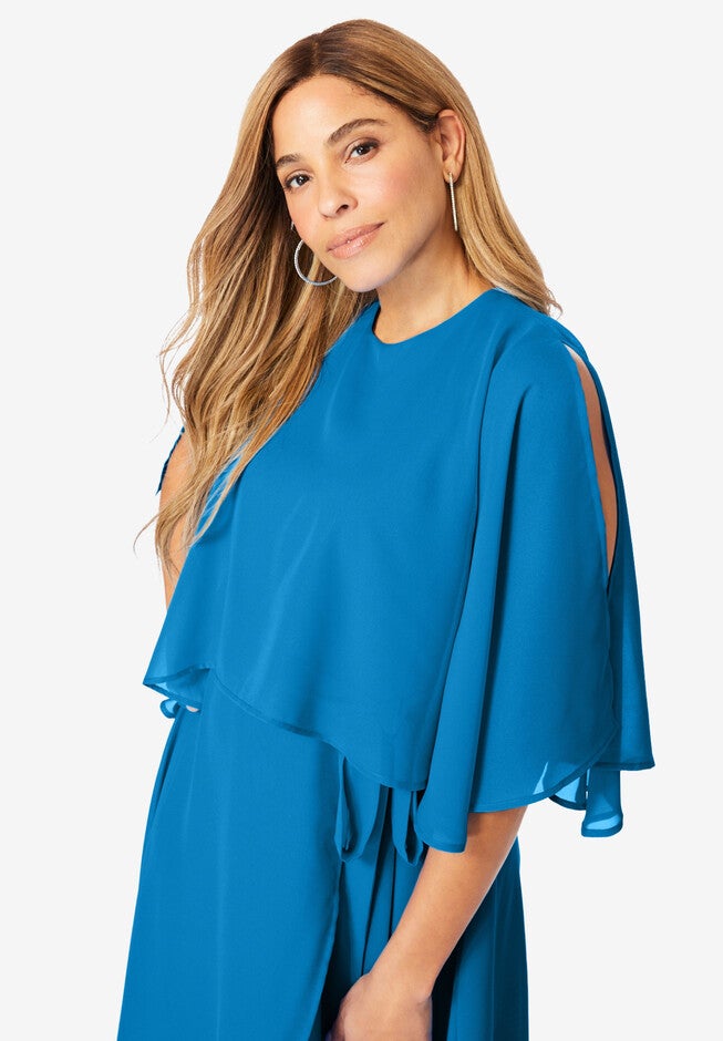 Georgette Maxi Cape Sleeve Dress, , alternate image number 3