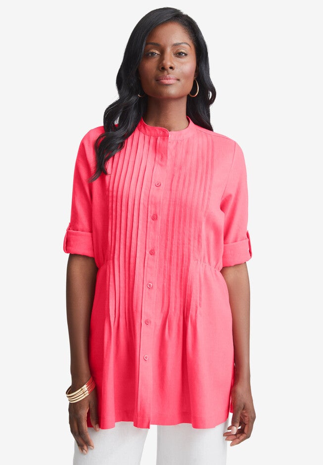 Linen Pintuck Button Front Blouse, VIBRANT WATERMELON, hi-res image number null