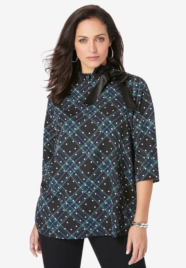 Ruffled Neck Bow Blouse, GREEN DOT PLAID, hi-res image number null