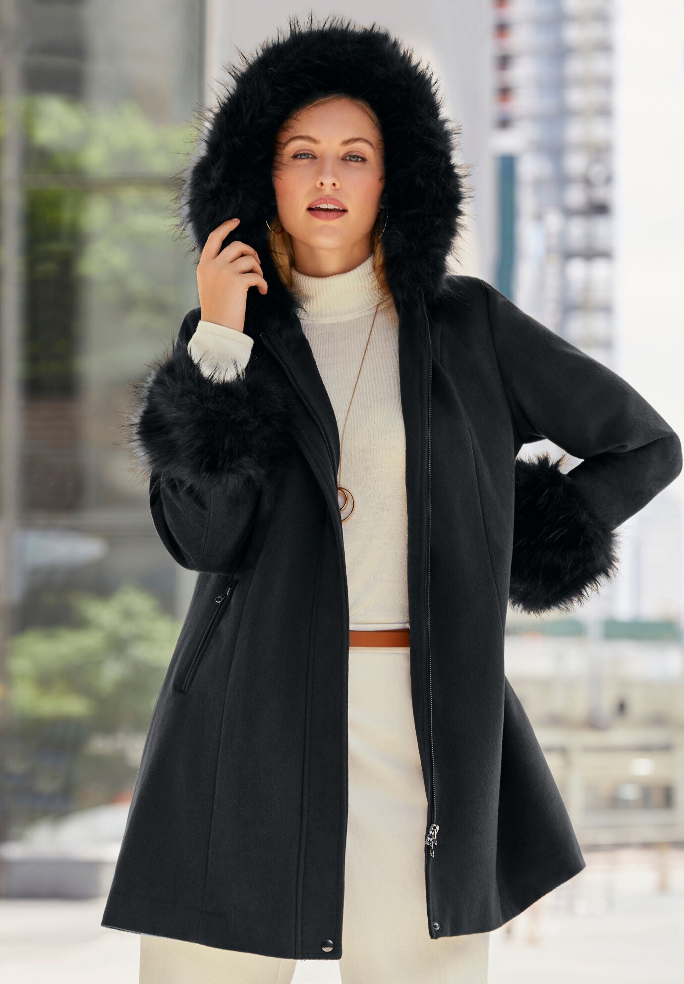 Hooded faux fur trim coat shop